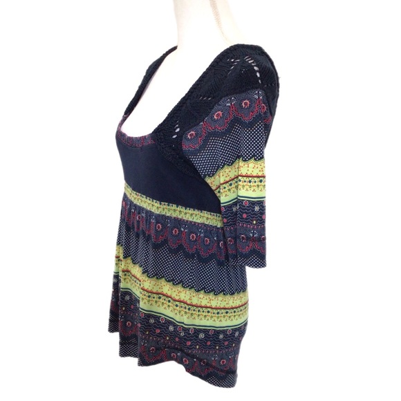 FREE PEOPLE Blue Geo Print Crochet Trim Babydoll Top - Picture 3 of 10